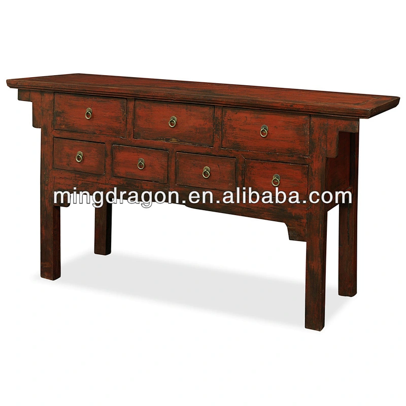 Chinese antique red solid wood console table with 7 drawers