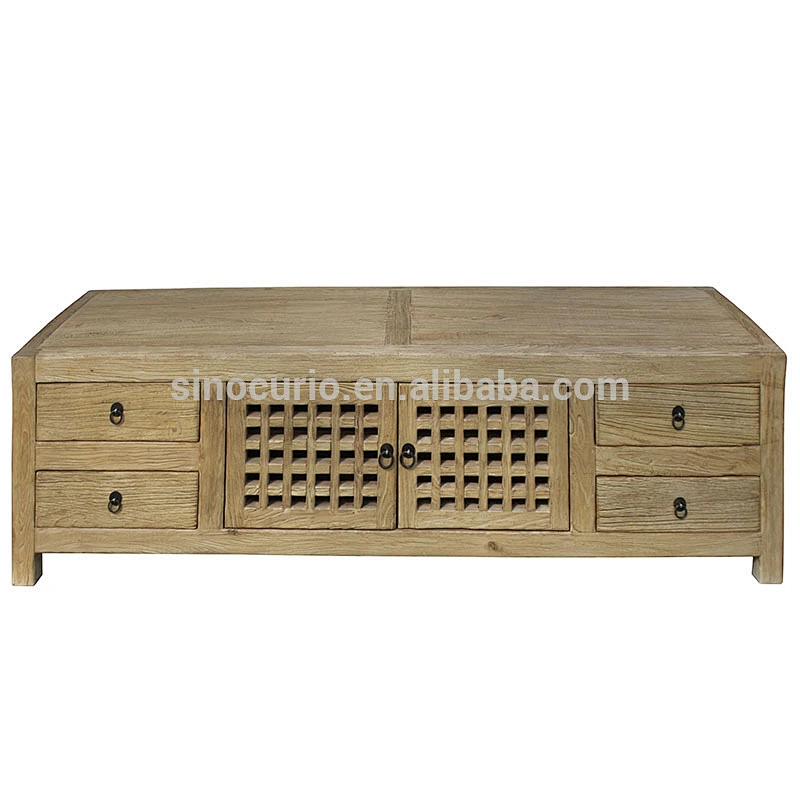 Chinese Antique Natural Polished Furniture Carved Recyclable Elm Wood TV Cabinet