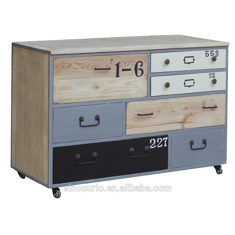 Vintage Industrial Drawers Chest Antique Country Style Storage Cabinet with Wheels