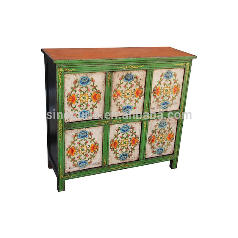 Chinese antique six doors Tibet Cabinet vintage hand painted tibetan cabinet furniture