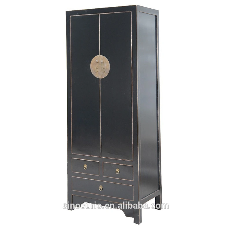 Chinese Antique Bedroom Furniture Solid Wood Black Closet Wardrobe