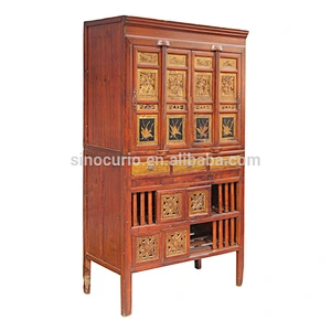 Antique beijing furniture classic tall china style reclaimed wood carved cabinet