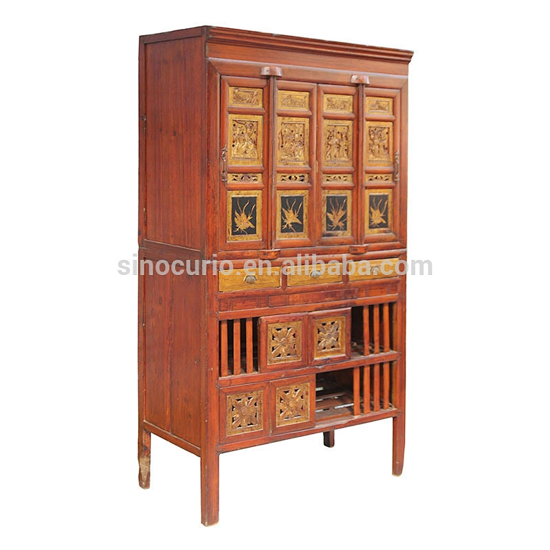 Antique beijing furniture classic tall china style reclaimed wood carved cabinet