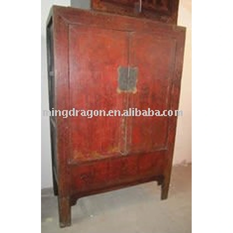 antique Chinese large red distressed wardrobe cabinet
