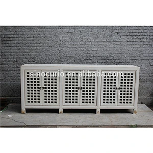 Chinese antique white reproduction living room storage lattice cabinet cheap wholesale furniture china