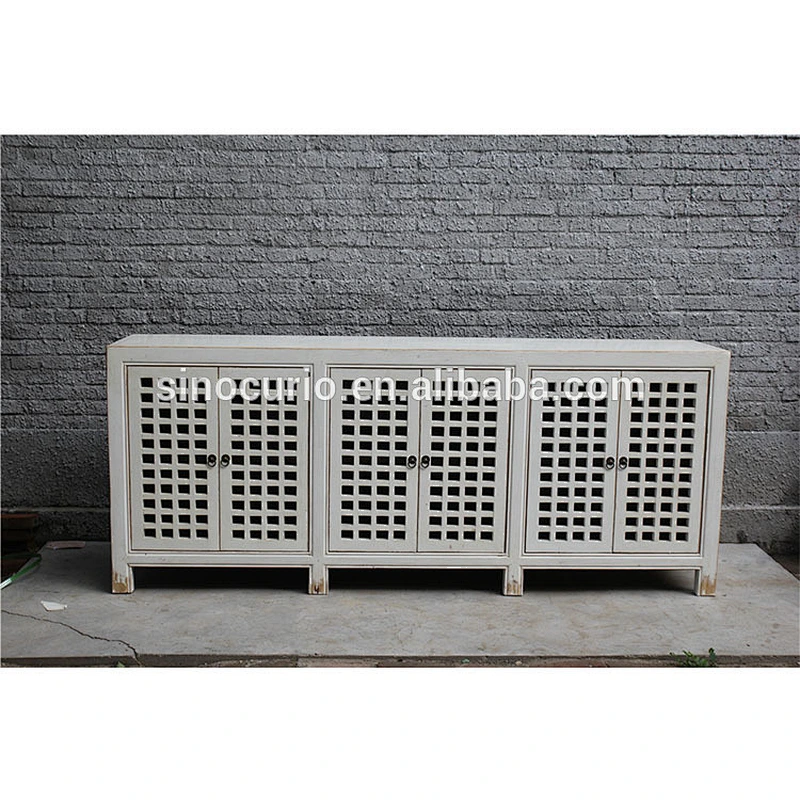 Chinese antique white reproduction living room storage lattice cabinet cheap wholesale furniture china