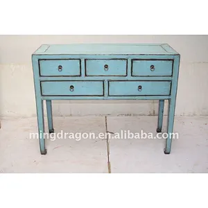Chinese Antique Wooden Blue Table With Five Drawers
