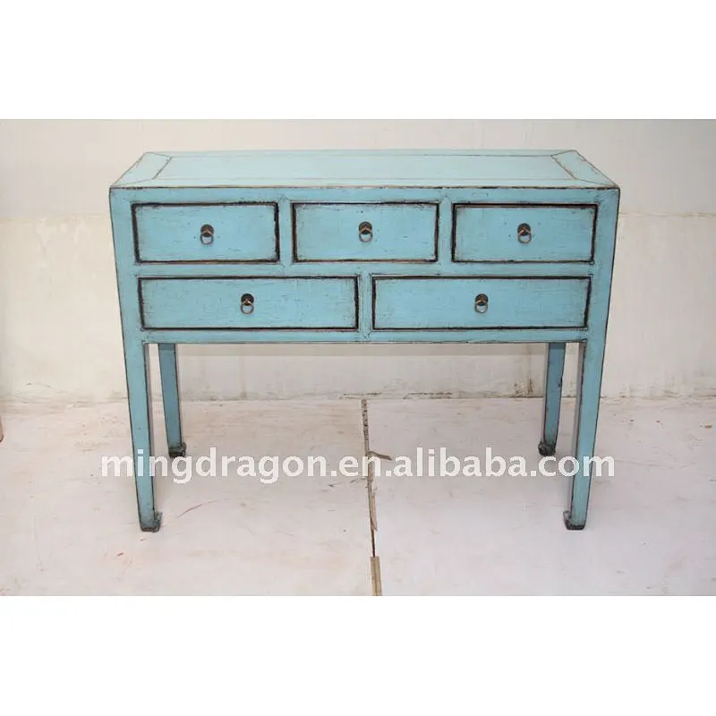Chinese Antique Wooden Blue Table With Five Drawers