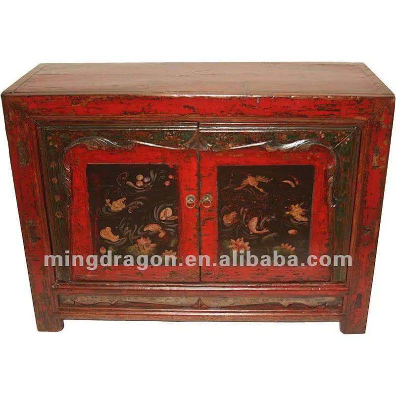 Chinese antique furniture pine wood colorful Mongolia Two door cabinet
