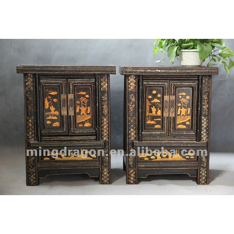 Chinese antique furniture pine wood shanxi two door black & red bedside cabinet