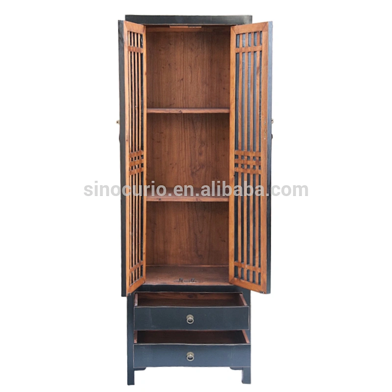Chinese antique wood tall thin colorful storage closet wardrobe