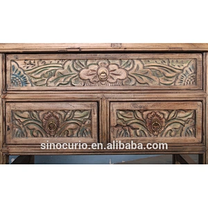 Chinese antique style wood hand carved console table with storage drawers