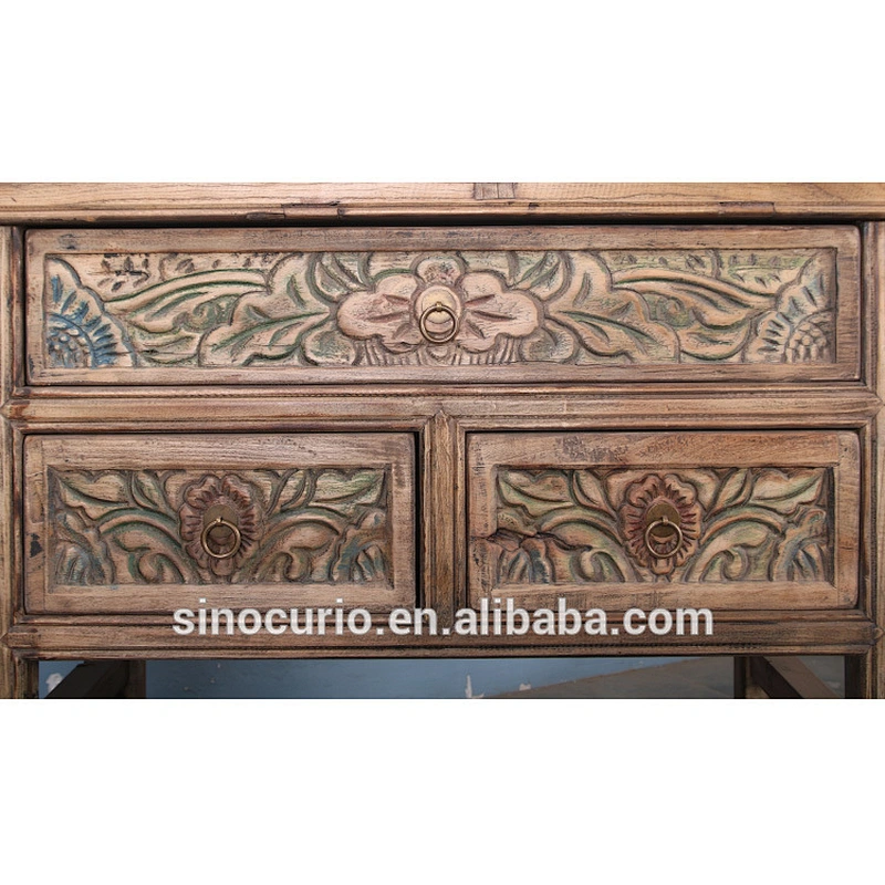 Chinese antique style wood hand carved console table with storage drawers