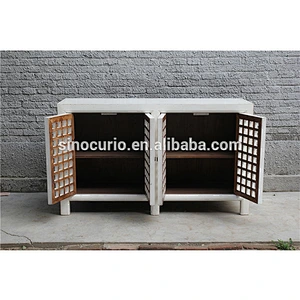 Chinese antique white reproduction living room storage lattice cabinet cheap wholesale furniture china