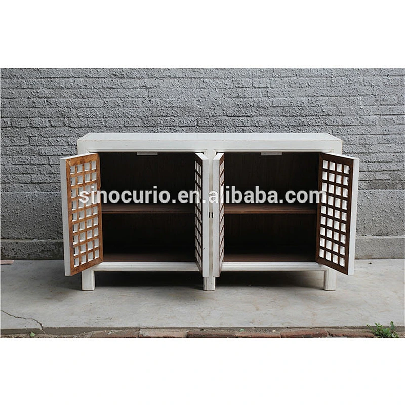 Chinese antique white reproduction living room storage lattice cabinet cheap wholesale furniture china