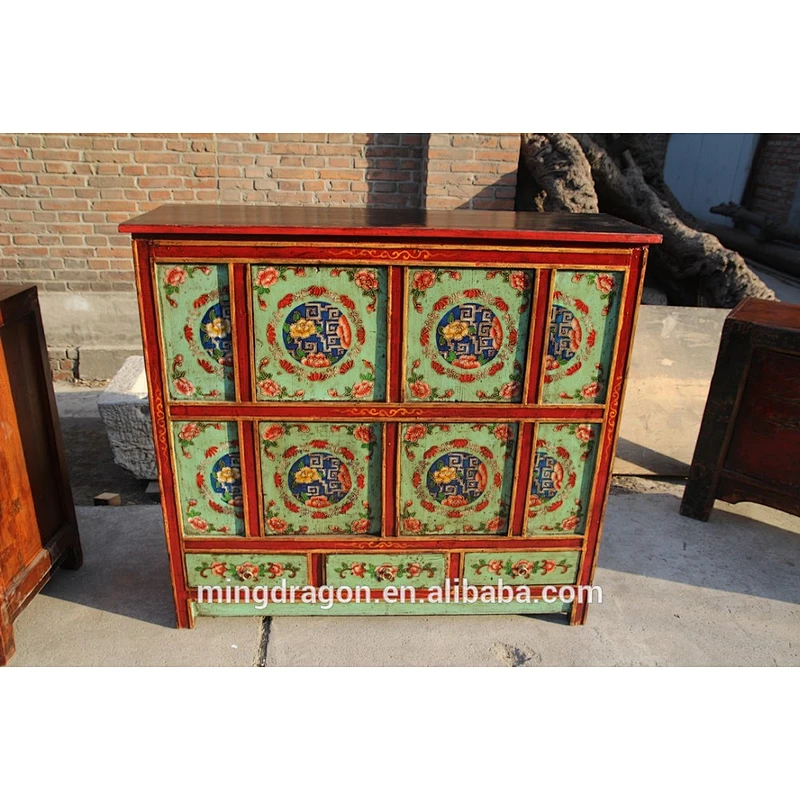 Tibetan Antique Hand Painting Side Table Solid Wood Cabinet