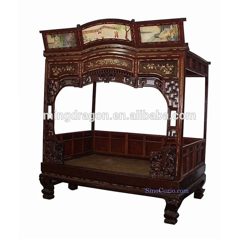 Chinese antique carved wooded wedding roses bed