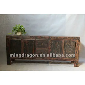 Chinese antique furniture pine wood dark wood color Shanxi four door two drawer TV cabinet