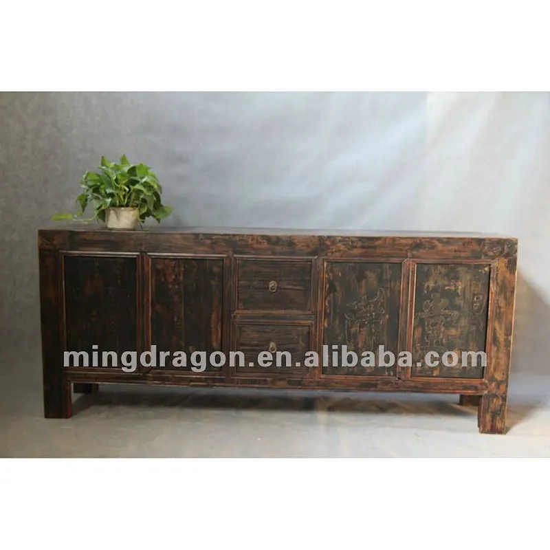 Chinese antique furniture pine wood dark wood color Shanxi four door two drawer TV cabinet
