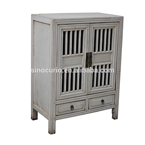 Chinese antique wooden carved nightstand hand painted bedside cabinet
