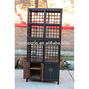 Chinese distressed black reproduction solid wooden living room book shelf showcase