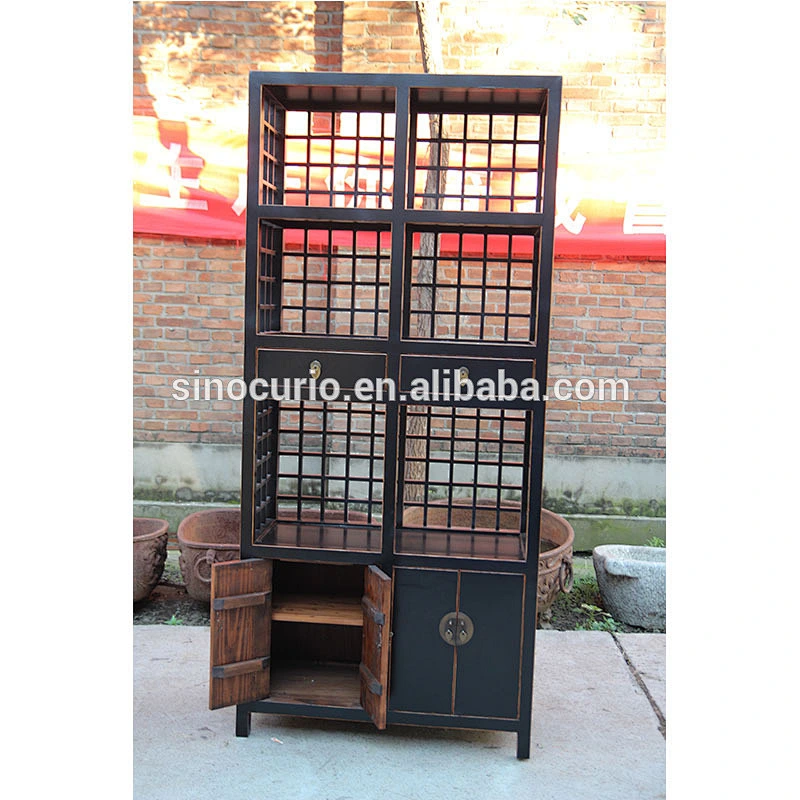 Chinese distressed black reproduction solid wooden living room book shelf showcase