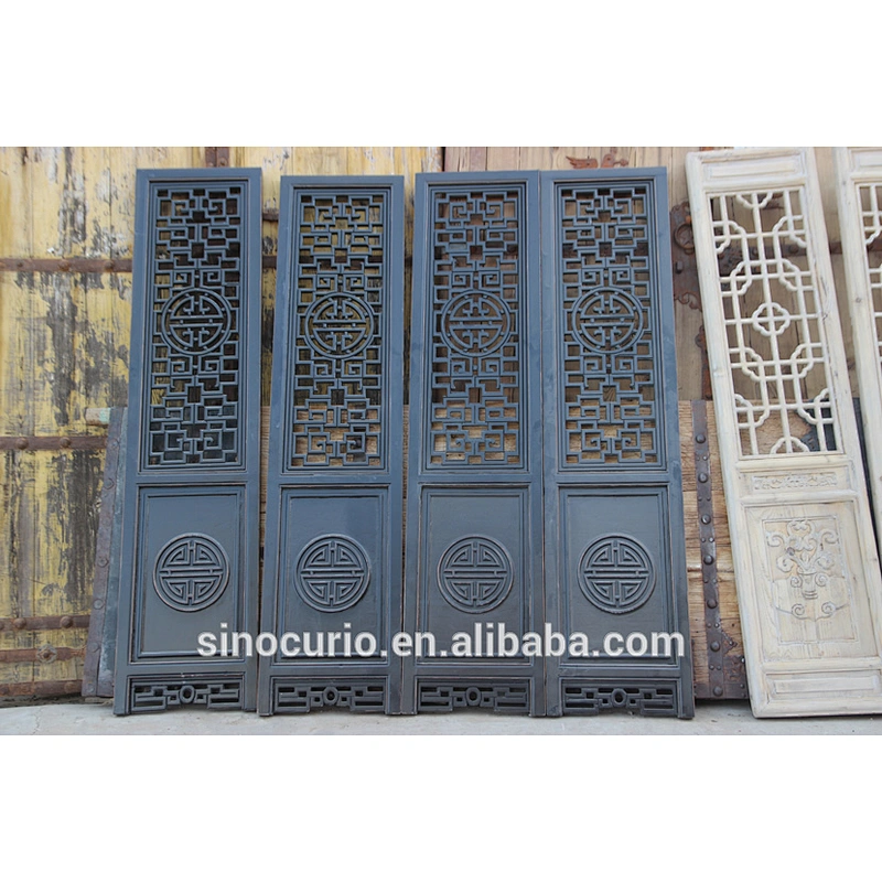 Chinese Antique vintage wooden black carved screen room divider