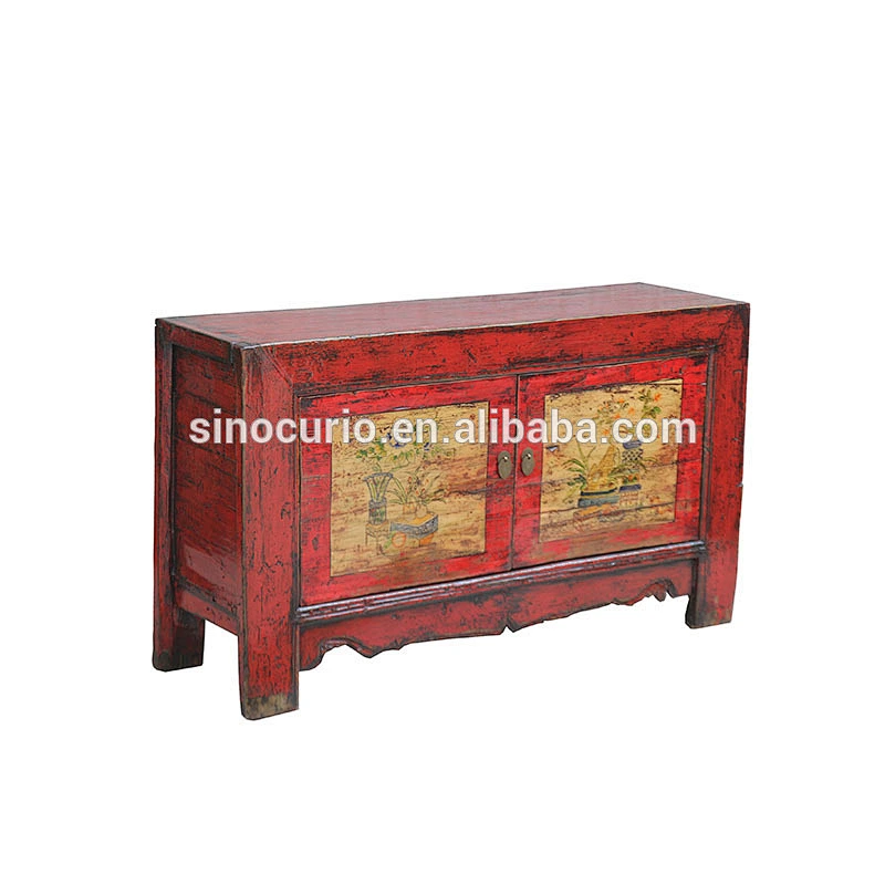 beijing wholesale rustic reclaimed wood furniture red Chinese painted antique sideboard cabinet