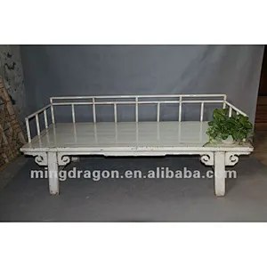 Chinese antique furniture Pine wood Shanxi white color back support bed