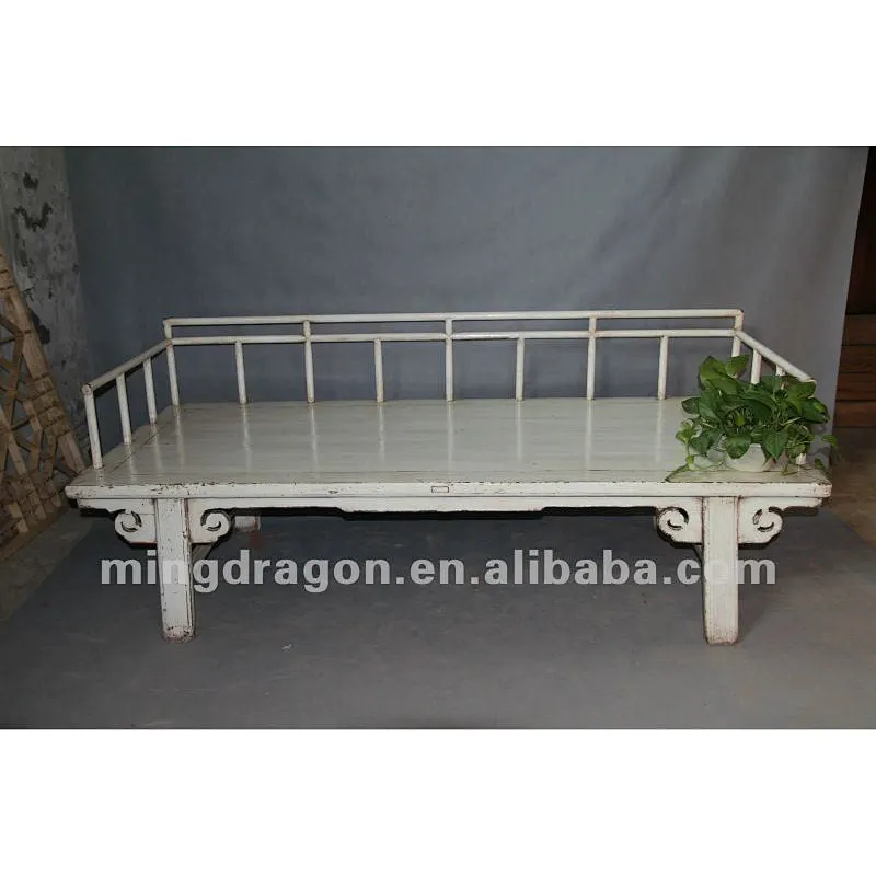Chinese antique furniture Pine wood Shanxi white color back support bed