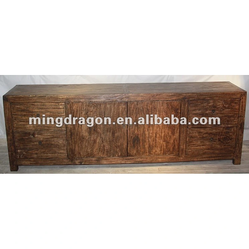 Antique Chinese Old Rustic Elm Two Door Four Drawer Cabinet