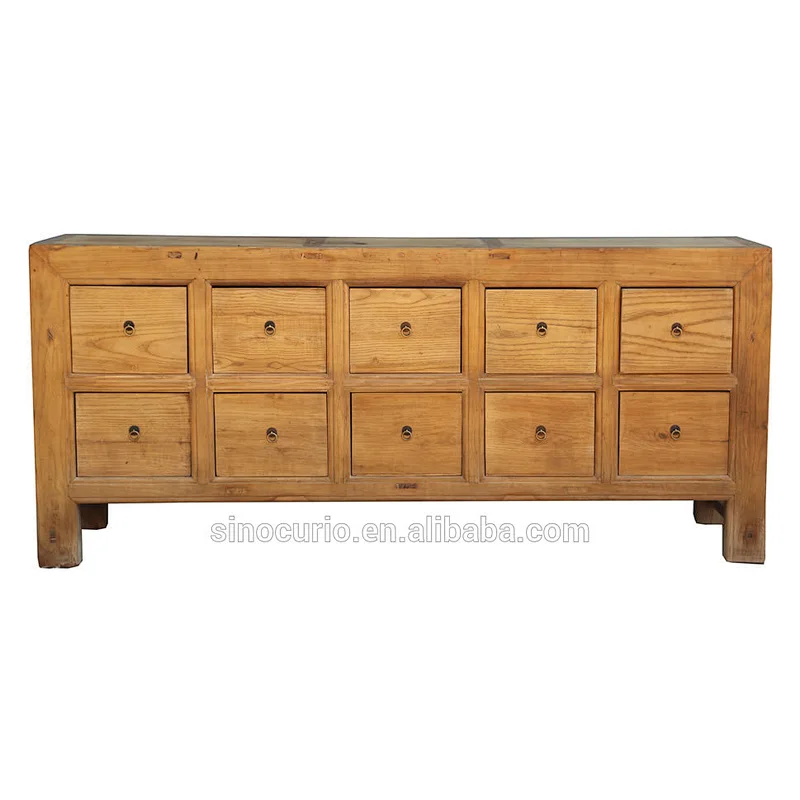 Chinese Antique Recycle Wood Ten Drawer Natural Cabinet