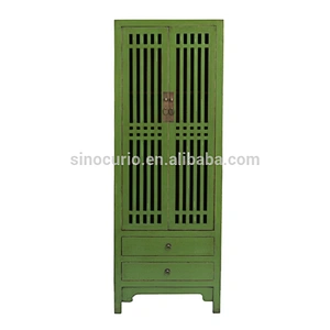 Chinese antique wood tall thin colorful storage closet wardrobe