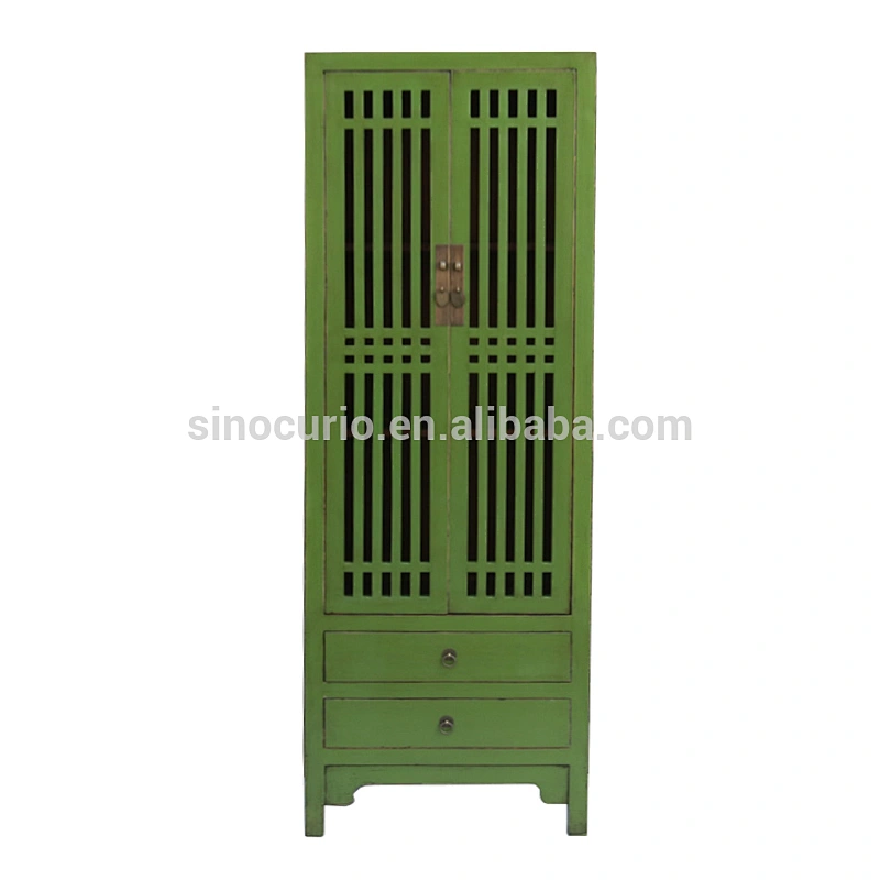 Chinese antique wood tall thin colorful storage closet wardrobe