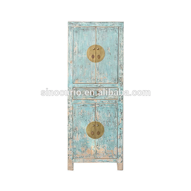 Chinese rustic reproduction bleached blue storage lving room cabinet