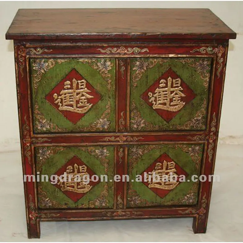 Chinese antique furniture pine wood colorful Tibetan cabinet