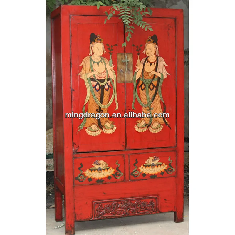 Chinese antique red wedding cabinet with painting