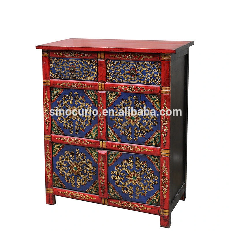 antique reproduction Oriental tibetan style furniture hand painted cabinet sideboard wood