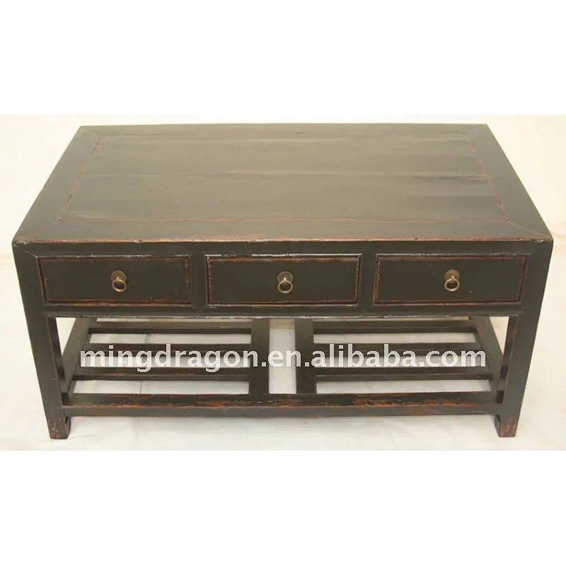 Chinese Antique Solid Wood Black Colour Three Drawer Coffee Table 103*60*50cm