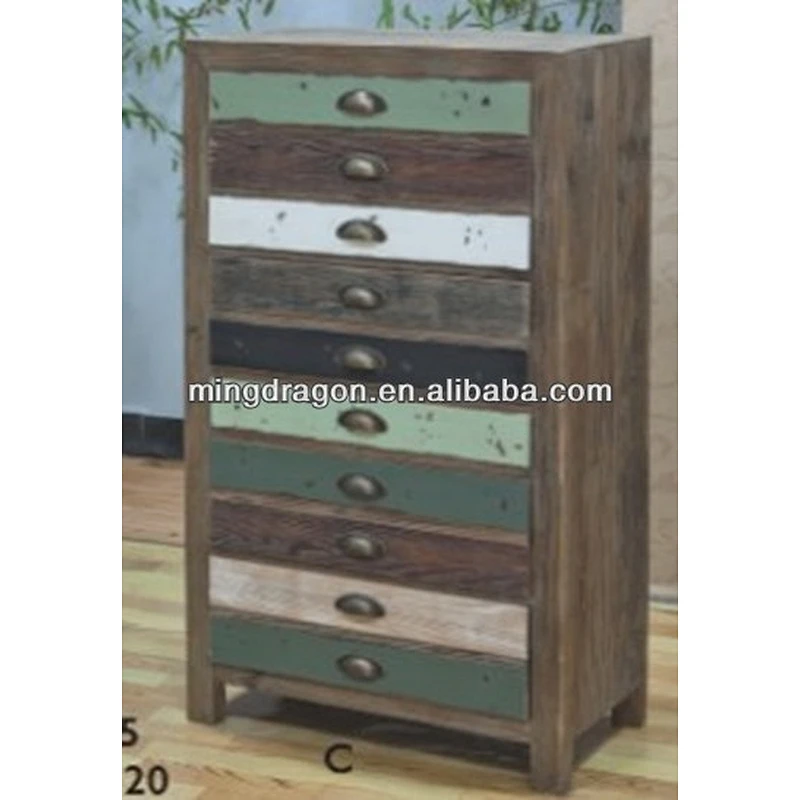 Chinese antique reclaimed wood distressed ten colorful drawers filing cabinet
