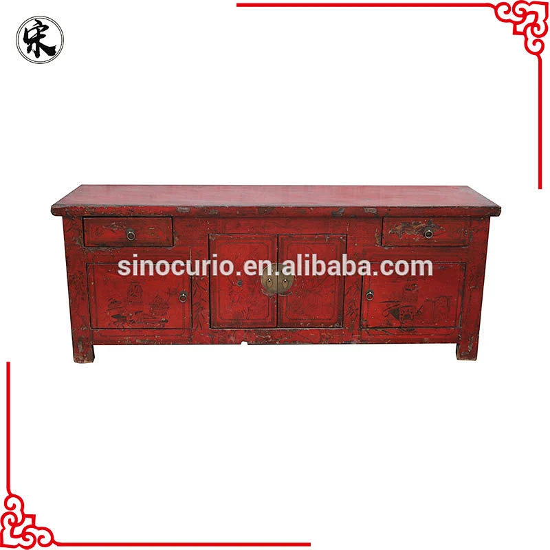 antique old classical living room red rustic hand-painted TV cabinet