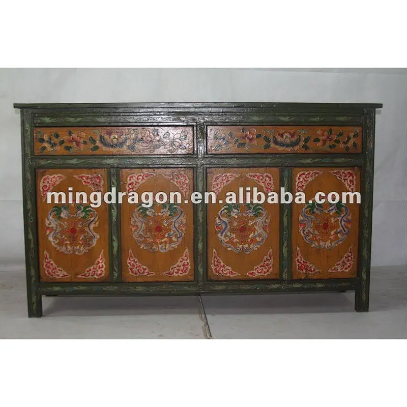 Chinese antique four drawer four door Tibet Cabinet with dragon painting