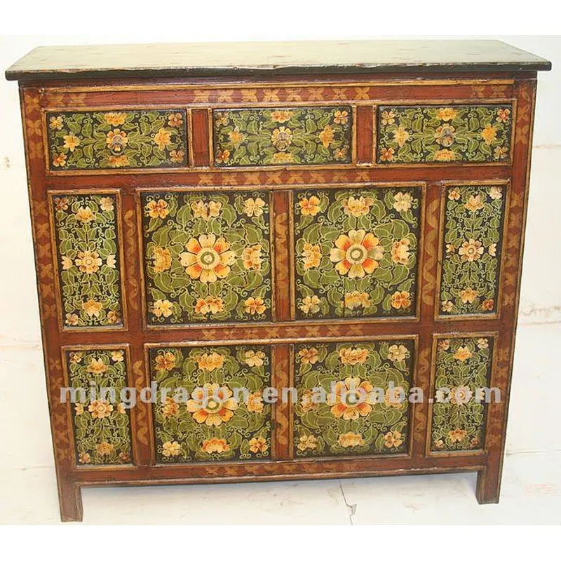 Chinese antique furniture green colorful pine wood Three Drawer Four Door Tibet Cabinet