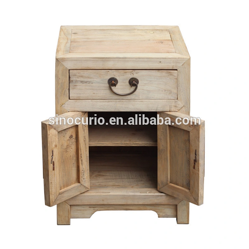 Chinese antique solid wooden bedside cabinet natural color bedroom nightstand