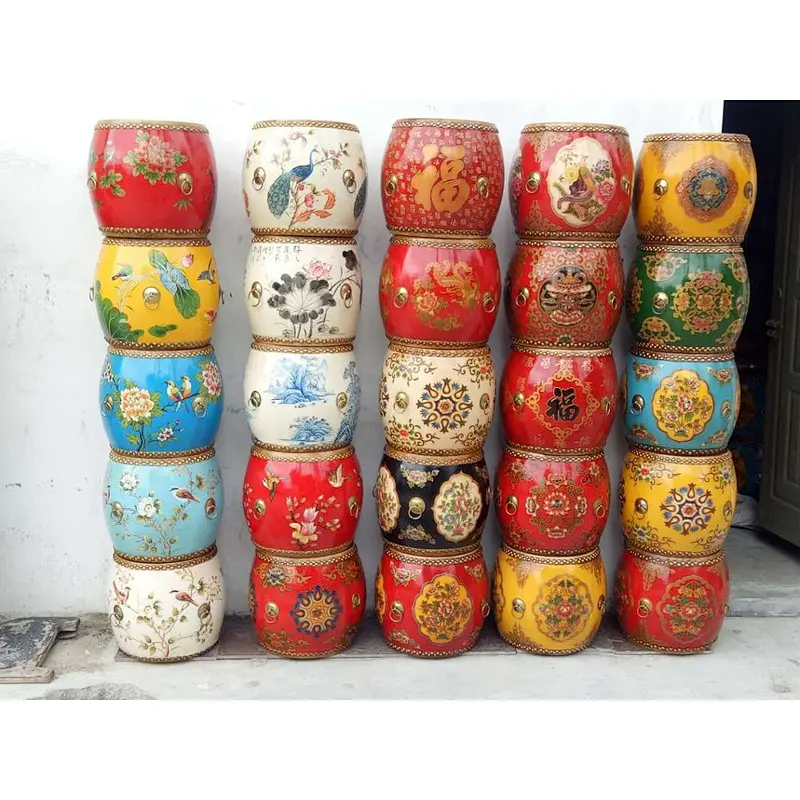 Chinese vintage distressed drum reproduction painting coffee table