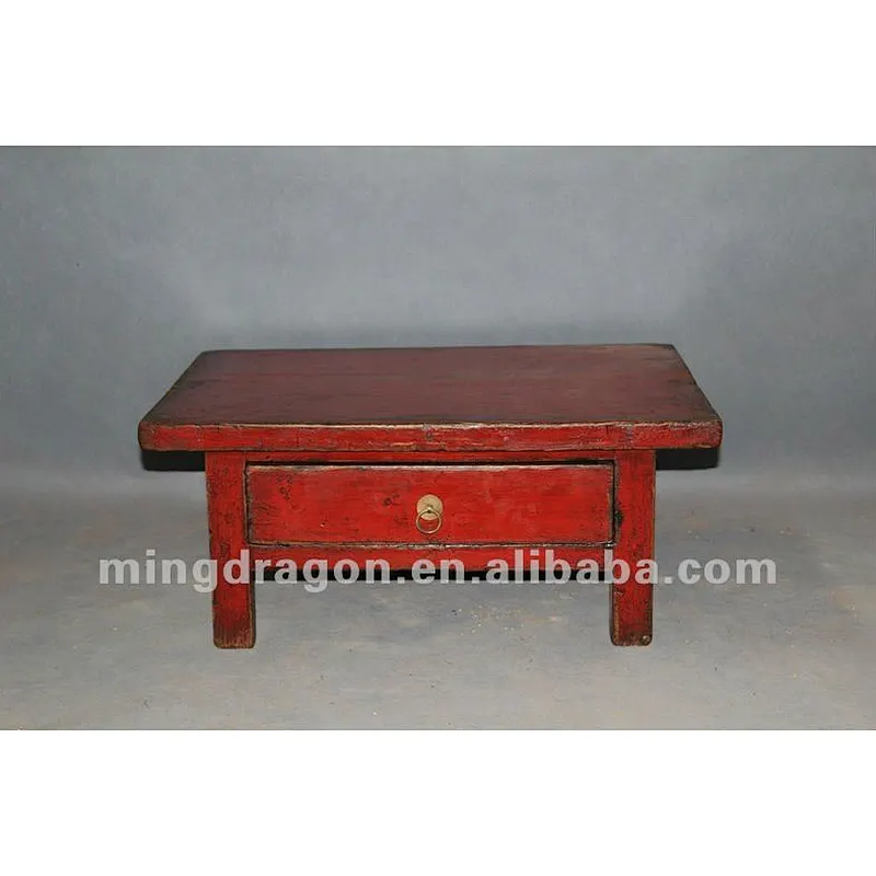 Chinese antique furniture pine recycle wood red one drawer coffee table
