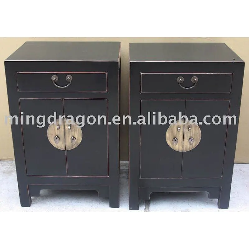 Chinese antique pine wood black bedside cabinet