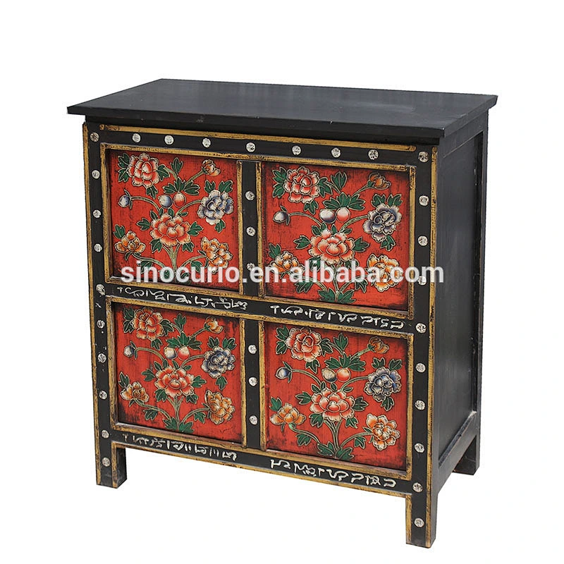 Chinese antique Tibetan furniture hand painted solid wood sideboard chest