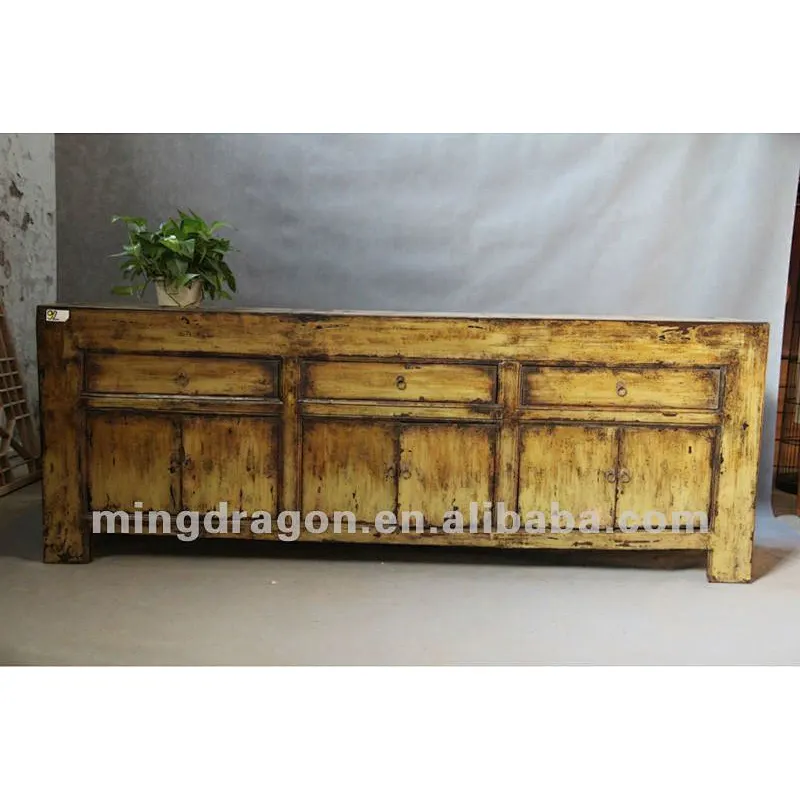 Chinese antique furniture pine wood light yellow color Shanxi three drawer six door TV cabinet