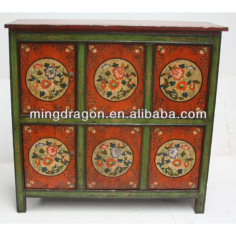 Chinese antique six door hand painted Tibetan cabinet